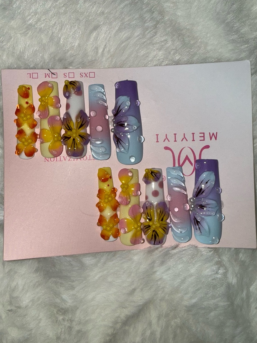 Purple & Yellow Floral Press-On Nail Set (Size Medium) - XL length